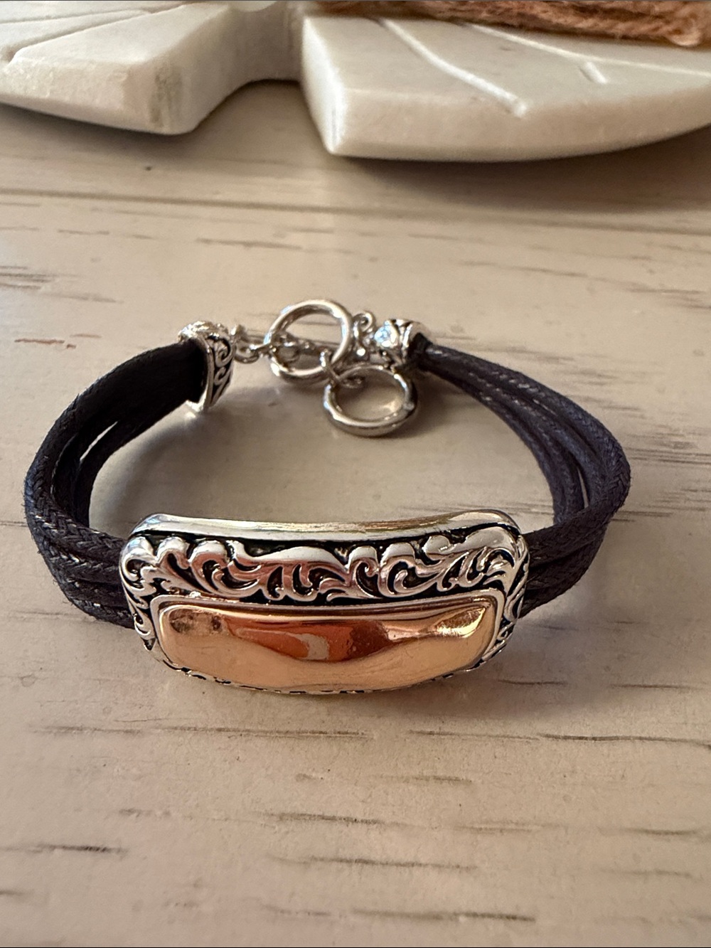 Women’s Two-Tone Metal and Leather Bracelet - Black and Gold